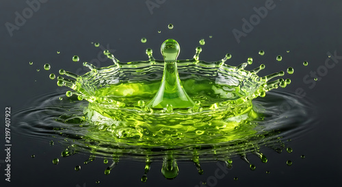 A single droplet hitting green liquid creating crown splash