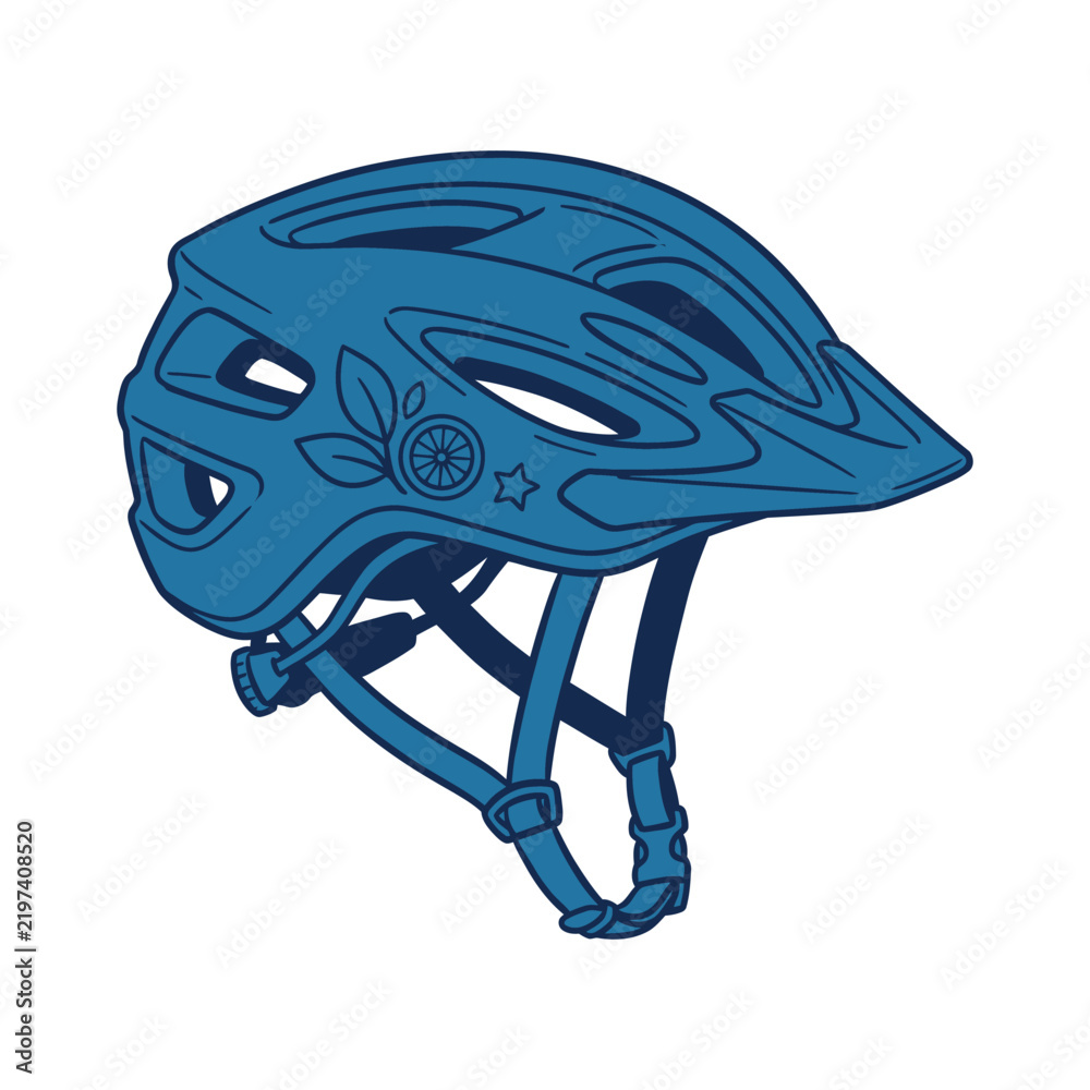 Fototapeta premium Blue bicycle helmet vector illustration with adjustable straps and visor for cycling safety and mountain biking