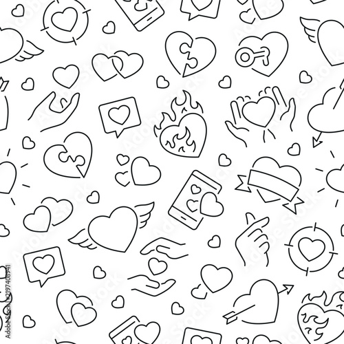 Seamless pattern with heart. Black and white thin line icons