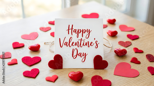 Happy Valentines Day greeting card with red paper hearts illustration