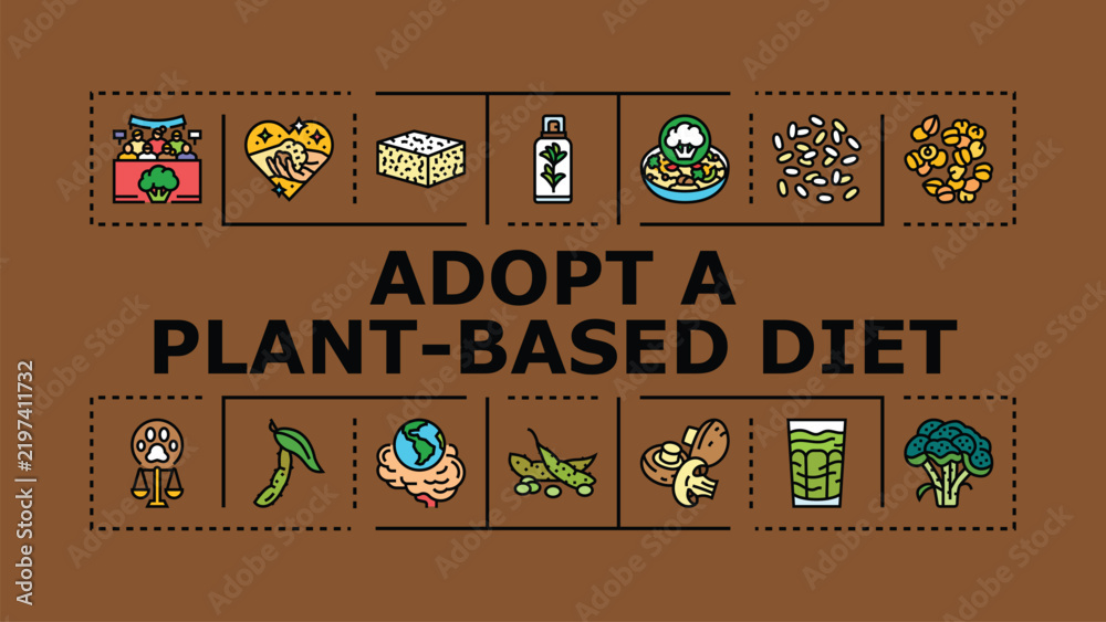 Obraz premium Adopt a plant-based diet banner infographic. Grains protein, health ecofriendly, organic vegan icon vector illustration