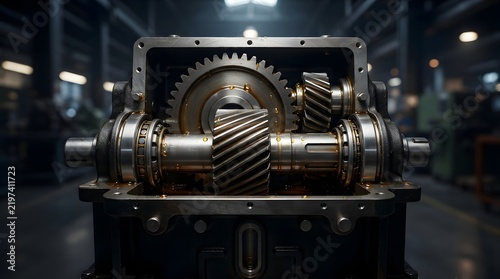 Close up of an open industrial gearbox with metal gears and oil lubrication in a manufacturing factory