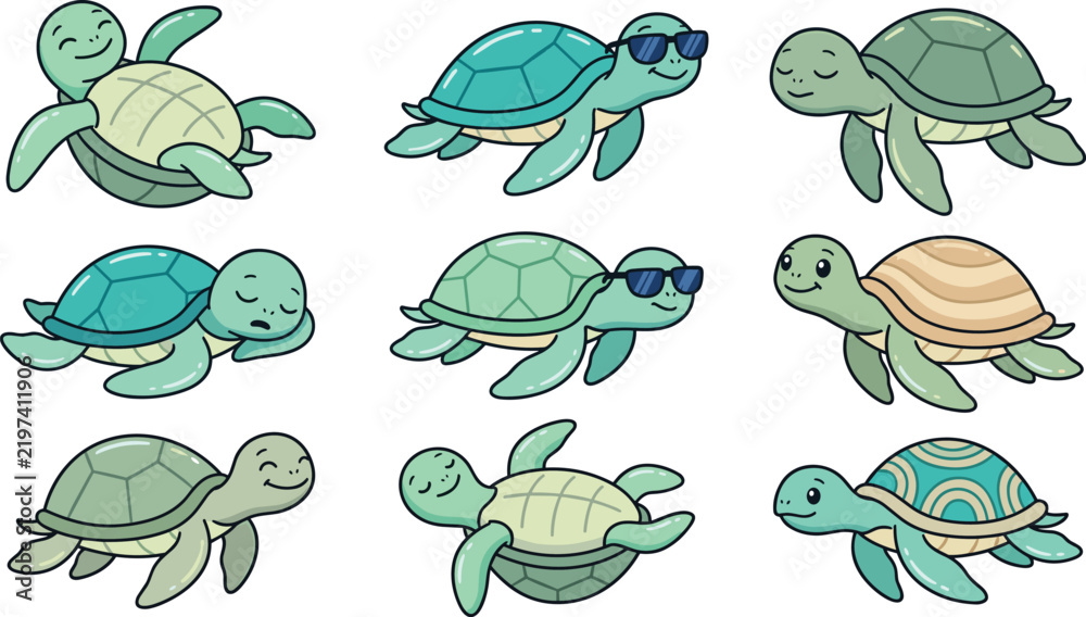 Obraz premium Cute Sea Turtle Cartoon Vector Character Set Featuring Swimming Sleeping Wearing Sunglasses And Floating Marine Tortoise Icons Isolated On White Background