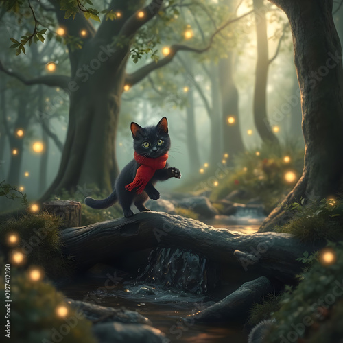 Black Cat with Red Winter Scarf in a Glowing Forest