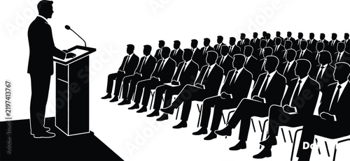 Speaker silhouette stands at a podium giving a presentation to an audience of seated professionals.