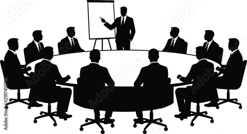 Business meeting silhouettes gather around a round table while a presenter points to a whiteboard chart.