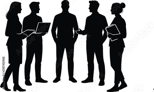 Business colleagues standing in a circle holding laptops and folders during a corporate meeting.