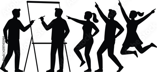 Silhouettes of business team members collaborating around a whiteboard presentation.