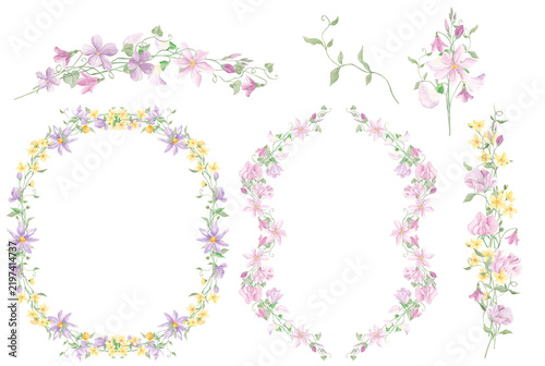 Watercolor pink frame, floral elements. Floral frames in baroque style. Summer composition. Pink borders. Wedding border. Watercolor small pink field flowers. Set of floral frames.