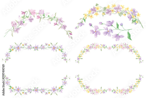 Watercolor pink frame, floral elements. Floral frames in baroque style. Summer composition. Pink borders. Wedding border. Watercolor small pink field flowers. Set of floral frames.