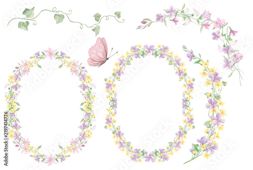 Watercolor pink frame, floral elements. Floral frames in baroque style. Summer composition. Pink borders. Wedding border. Watercolor small pink field flowers. Set of floral frames.
