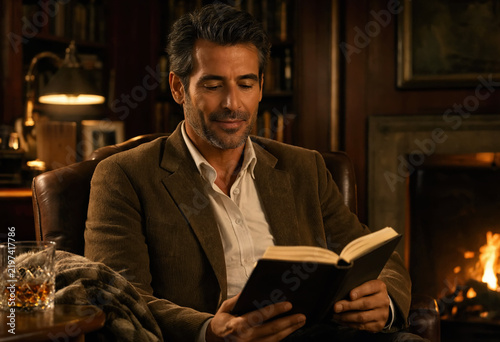 A handsome middle-aged man reads a book in a leather armchair by a crackling fireplace. With a glass of whiskey nearby, the warm library glow creates a cozy scene of relaxation and quietness