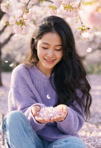 Smiling young Asian woman in a soft purple sweater holds delicate pink cherry blossom petals in her cupped hands. Spring garden with falling sakura petals, romantic moment of seasonal beauty