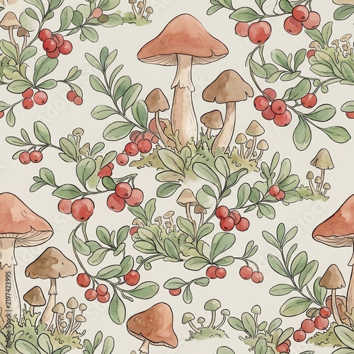 Mushroom and Berry Pattern with Forest Elements Symbolizing Nature, seamless pattern, botanical