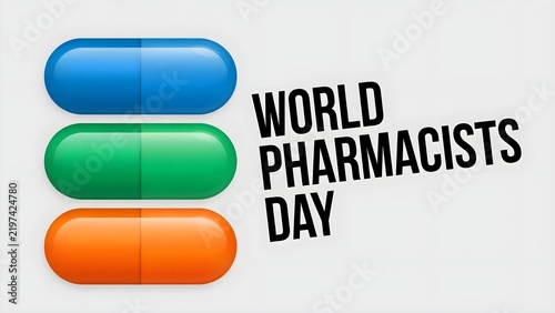 Colorful capsule pills with world pharmacists day text highlighting healthcare and medical awareness campaign