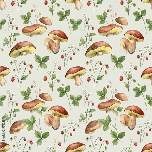 Seamless Pattern with Watercolor Mushrooms and Strawberries Symbolizing Forest Harvest