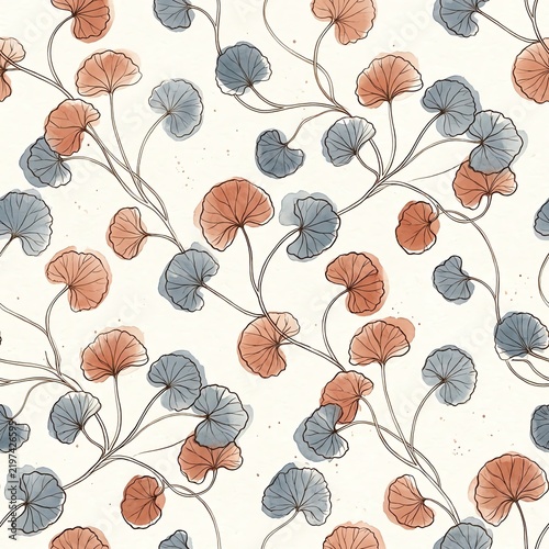 Watercolor Ginkgo Leaves Seamless Pattern with Blue and Orange Foliage