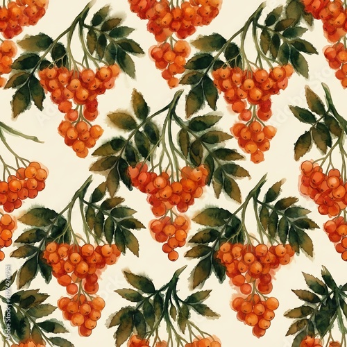 Watercolor Rowan Berries Pattern with Autumn Foliage Symbolizing Nature