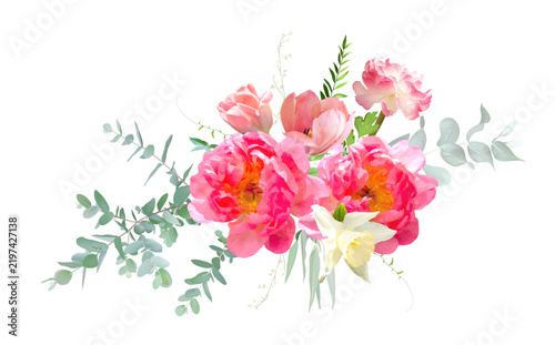 Bright pink peony, white daffodil, blush tulips, eucalyptus, greenery and branches floral vector bouquet.
