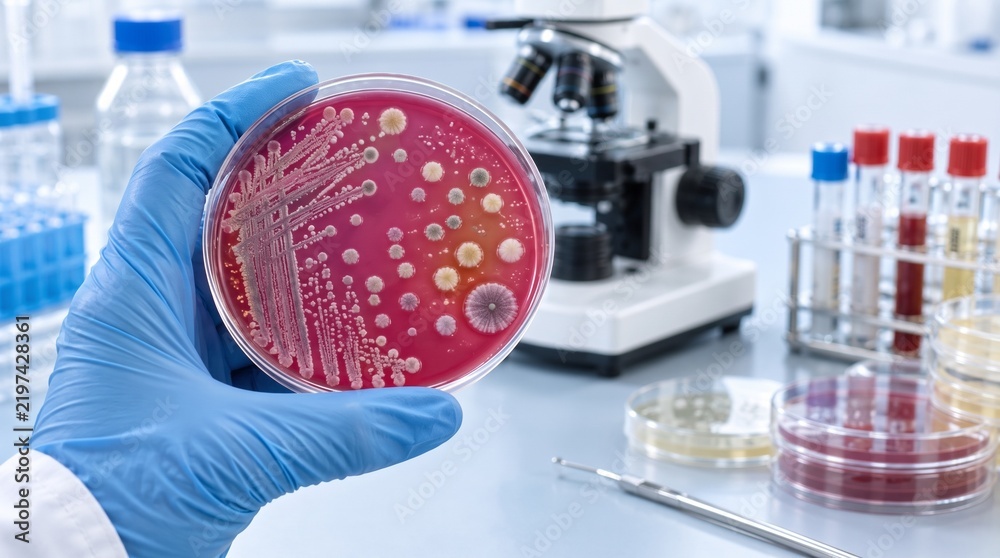 Obraz premium Petrischale mit Bakterienkulturen in medizinischem Labor für mikrobiologische Untersuchung