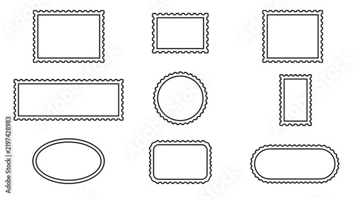 Set of postage stamp borders and frames with serrated edge shapes.