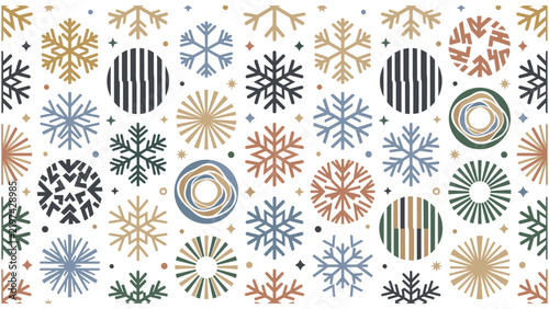 Pattern of winter snowflakes and circle decorative geometric shapes.