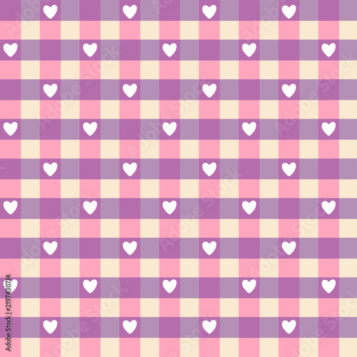 Gingham seamless vector pattern with meadow chamomile flowers and hearts. Cozy cute childish background in a pastel palette. Tartan check