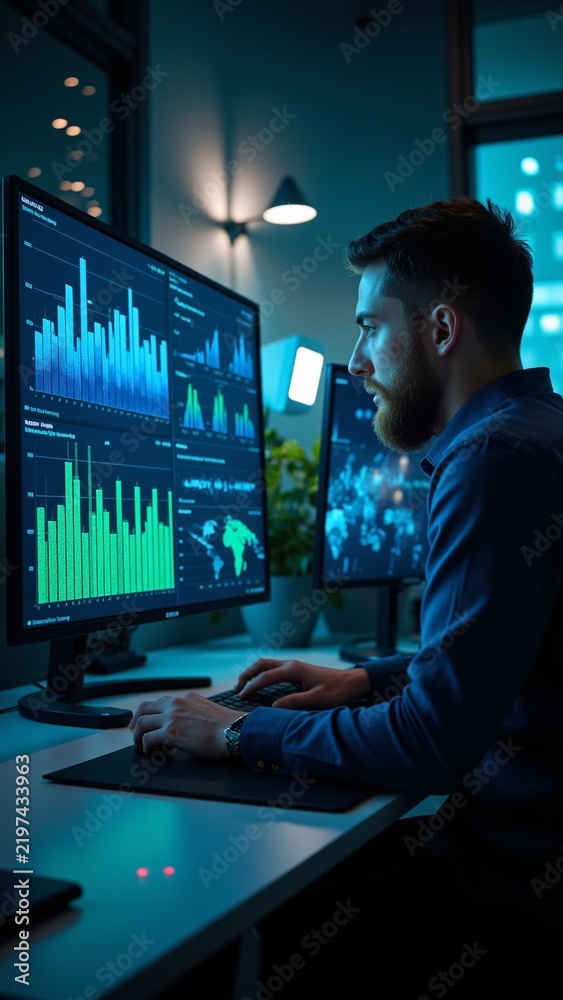 Fototapeta premium Data Analyst Reviewing Real-Time Business Intelligence Dashboard
