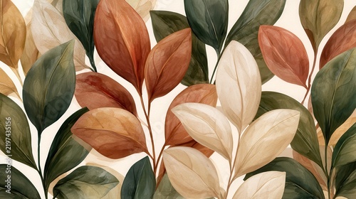 Rustic boho earth tone backdrop watercolor concept. Stylized illustration of leaves with earthy tones and detailed veins.