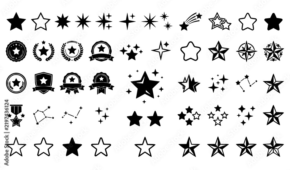 Fototapeta premium Star Shapes and Sparkle Vector Icon Set Featuring Rating Badges Constellations Night Sky Glitters and Award Symbols for UI Design and Festive Graphic Projects