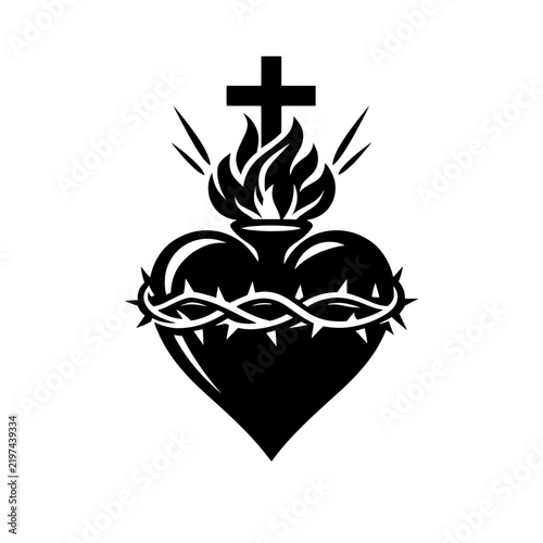 Sacred heart with cross and crown of thorns symbolizing love and sacrifice