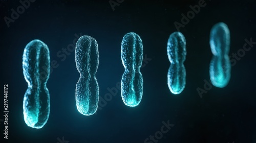 Five glowing teal telomeres shorten from left to right on chromosomes, symbolizing cellular aging against a dark navy background.