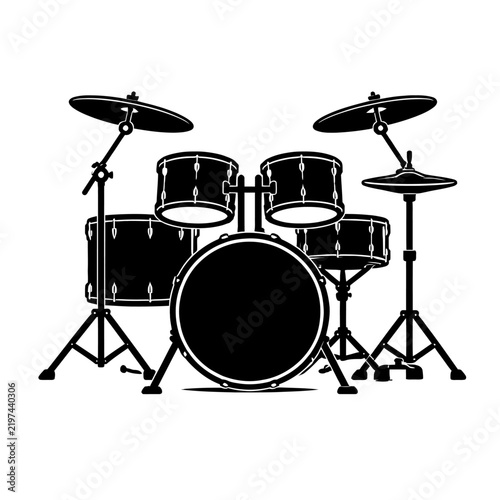 Black drum set with cymbals on stands isolated on white background for music and instrument concepts