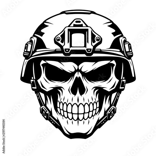 Black and white illustration of a skull wearing a military helmet with an aggressive expression on its face for t-shirt or poster design