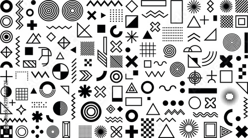 A collection of various geometric shapes and abstract patterns in black with patterns arranged