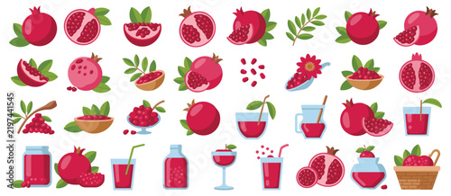 Pomegranate fruit icons and organic beverage illustrations for healthy lifestyle projects
