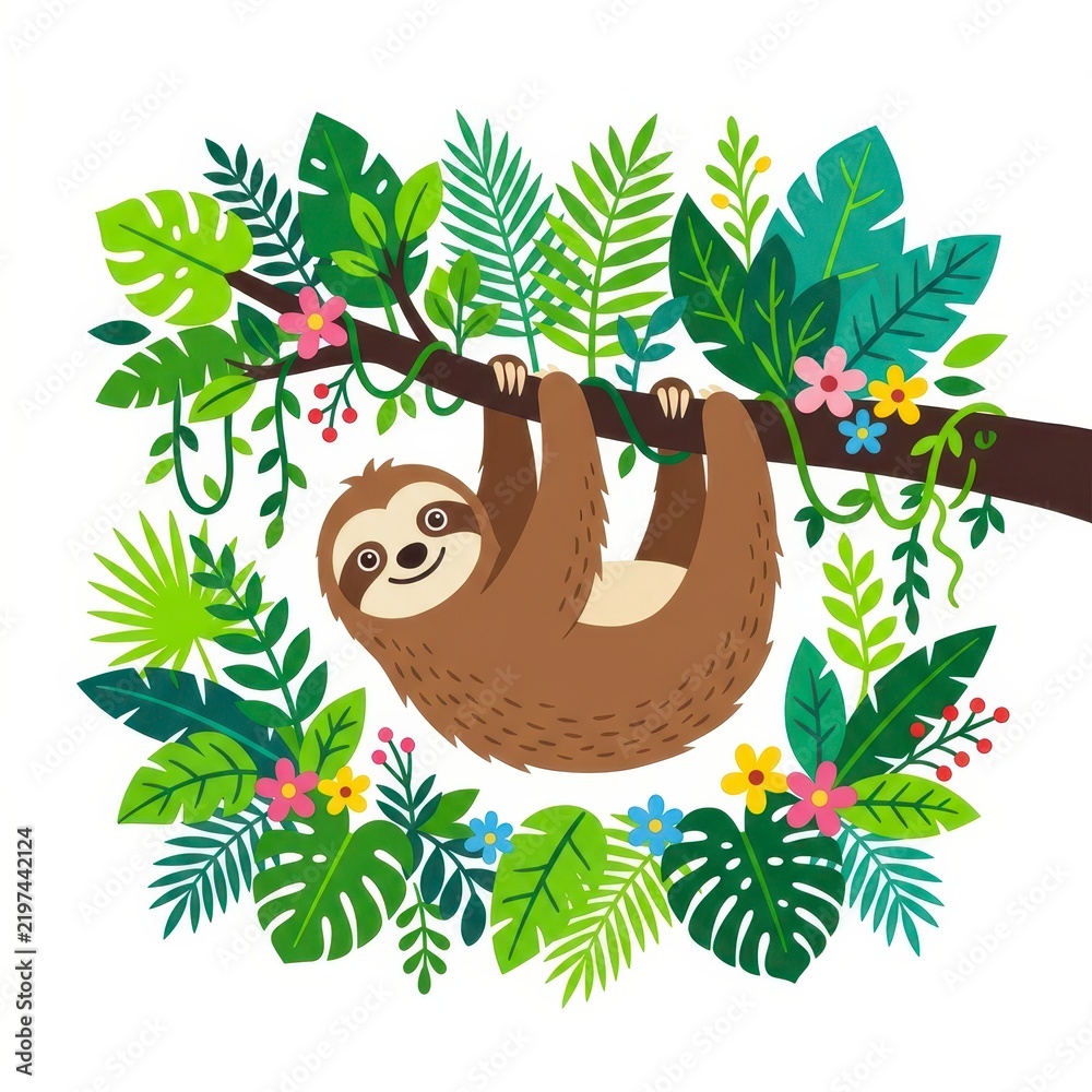 Obraz premium Cute sloth hanging on branch in tropical leaves