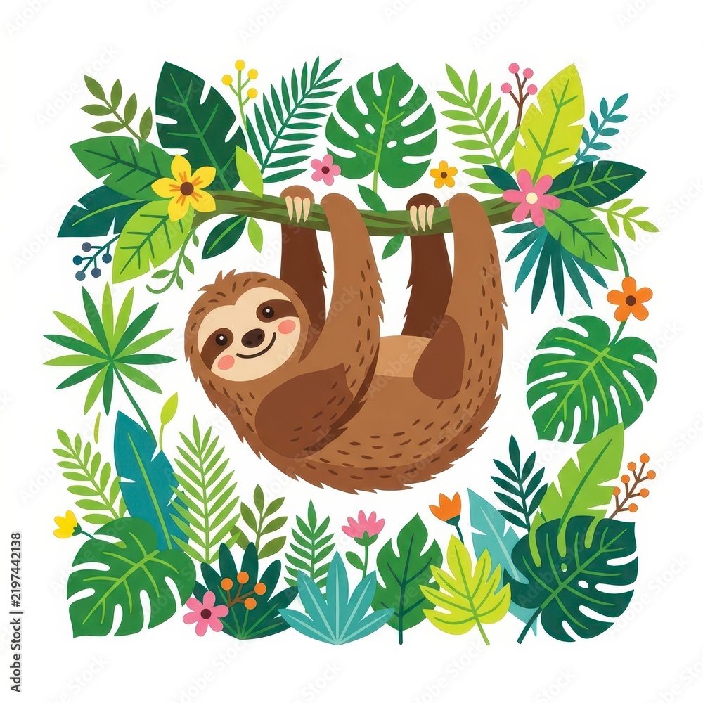 Obraz premium Cute sloth hanging on branch with tropical leaves