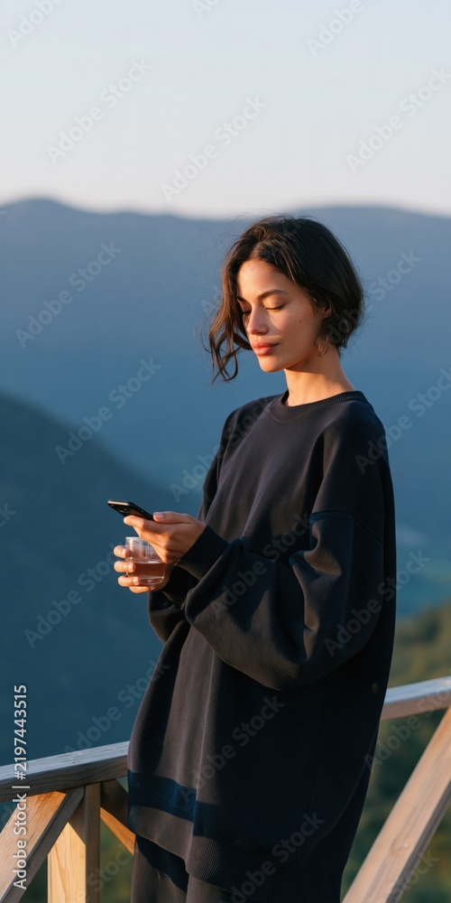 Obraz premium Young woman smiling with eyes closed while checking phone on a mountain balcony holding a drink — warm outdoor portrait background for banner and wallpaper
