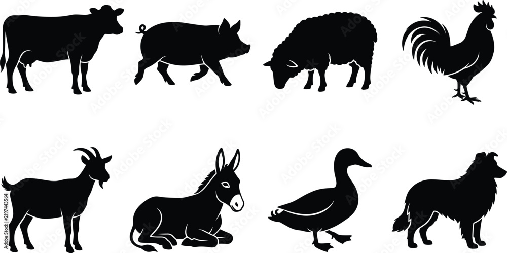 Fototapeta premium Set of black silhouettes of farm animals including cow, pig, sheep, and rooster
