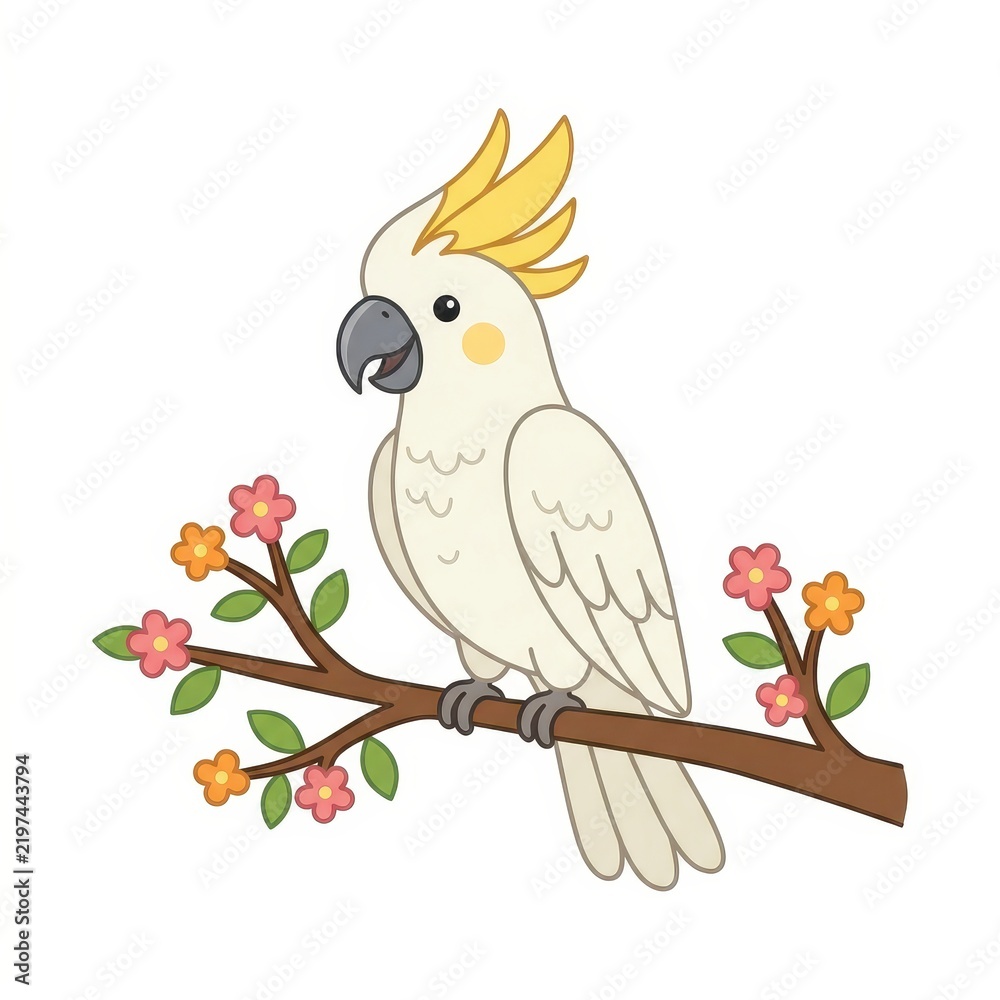 Fototapeta premium Cute cockatoo bird on flowering branch isolated on transparent background
