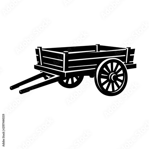 Black and white illustration of a traditional wooden wagon or cart with wheels and a long axle, perfect for rustic or countryside themes