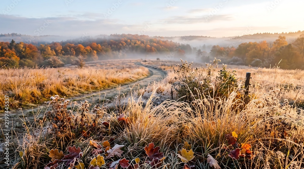 Obraz premium Serene Foggy Sunrise Over Frosty Autumn Meadow and Winding Country Road