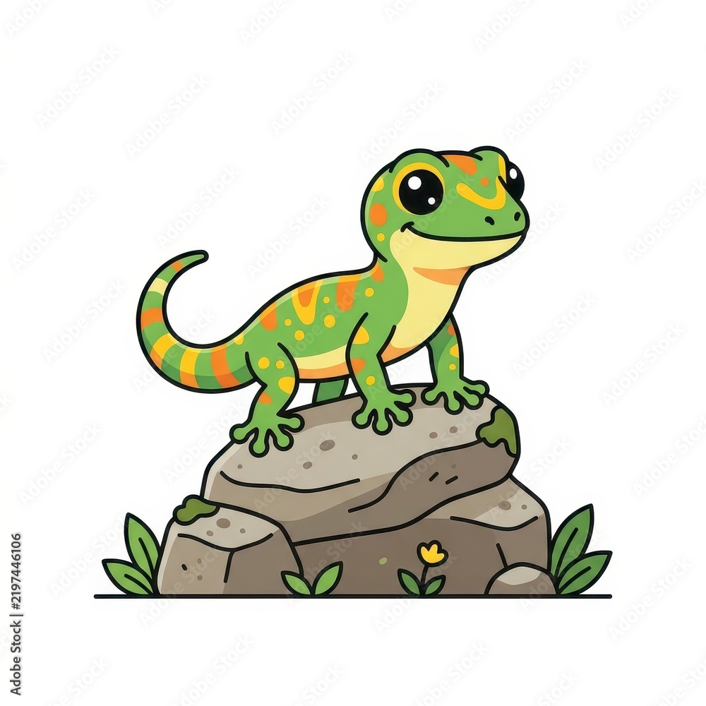 Obraz premium Cute cartoon gecko on a rock