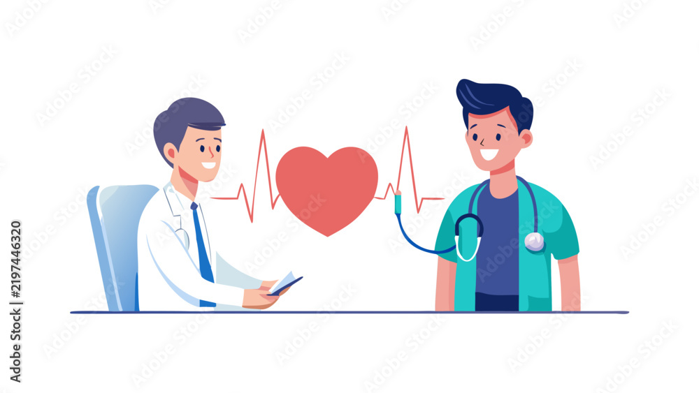 Fototapeta premium Medical professional doctor and nurse assessing heart health with stethoscope and heartbeat icon for cardiology healthcare services and medical checkup illustration