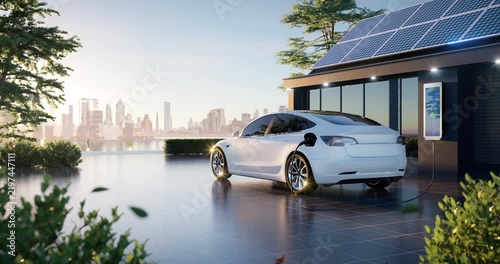 Looping 3d electric car charging at modern solar powered home, featuring rooftop panels, home charger, futuristic blue energy light, city skyline, renewable electricity, clean technology copy space.