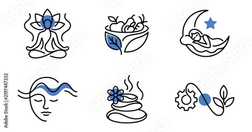 Wellness and Self Care Continuous Line Icon Set – Meditation, Nutrition, Sleep, Spa and Work Life Balance Vector Icons