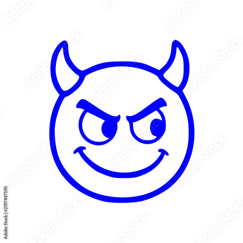Fotografie A blue outline cartoon face with devil horns, displaying a mischievous, sinister, or cunning expression