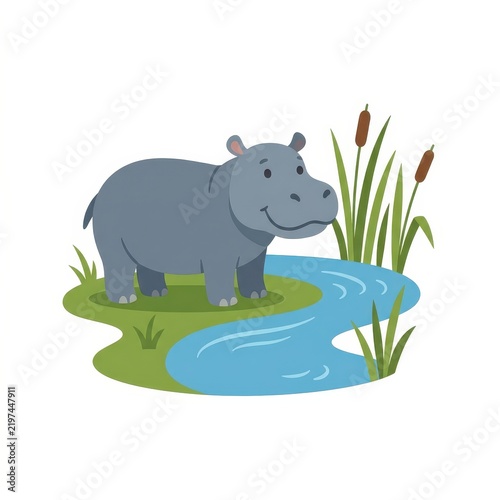 Cute hippo by river cartoon illustration