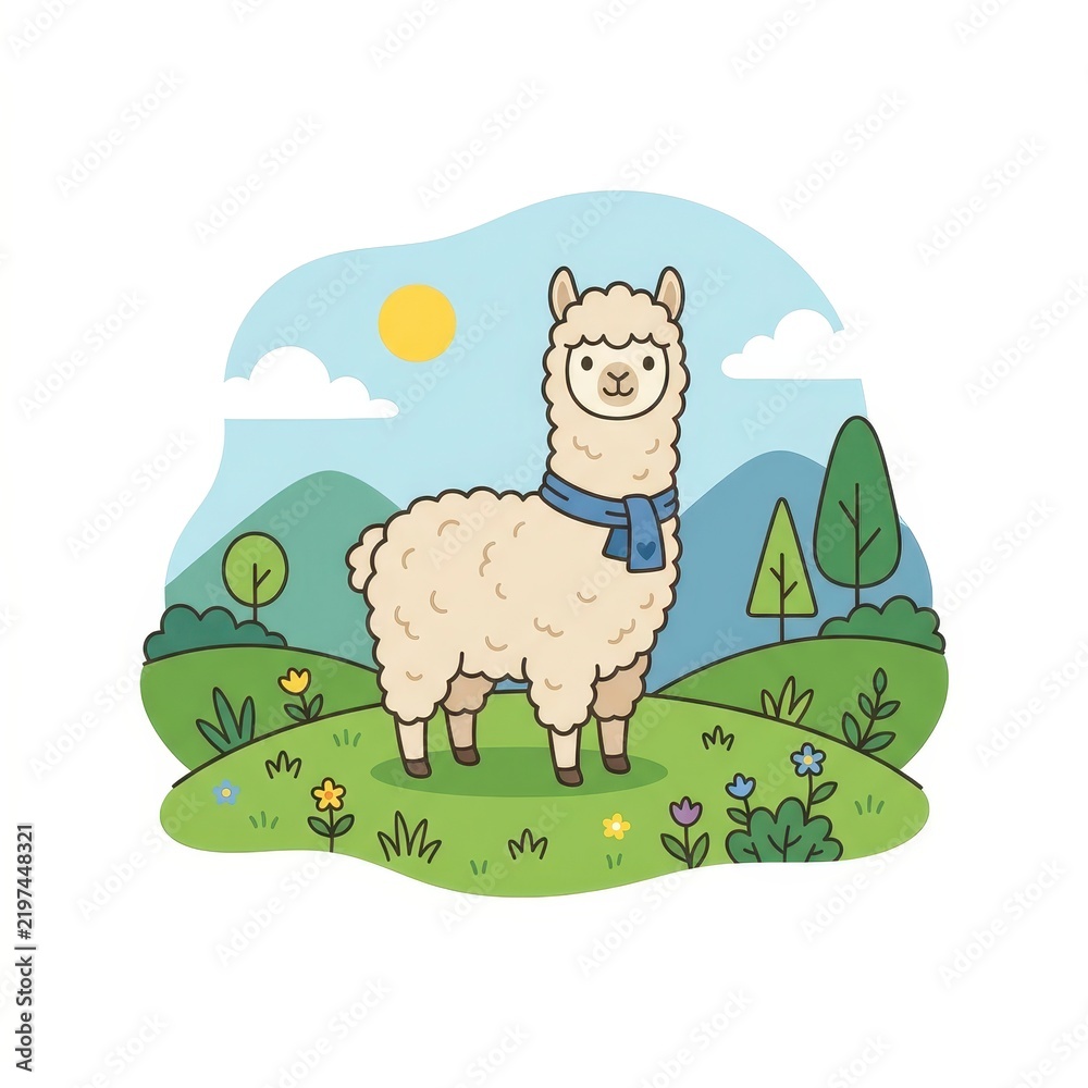 Fototapeta premium Cute cartoon alpaca with scarf in a meadow landscape
